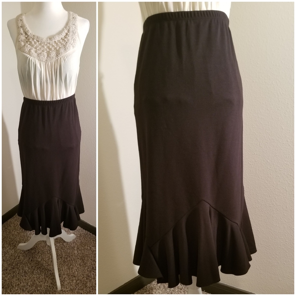 Black Flared Hem Pencil Midi Skirt